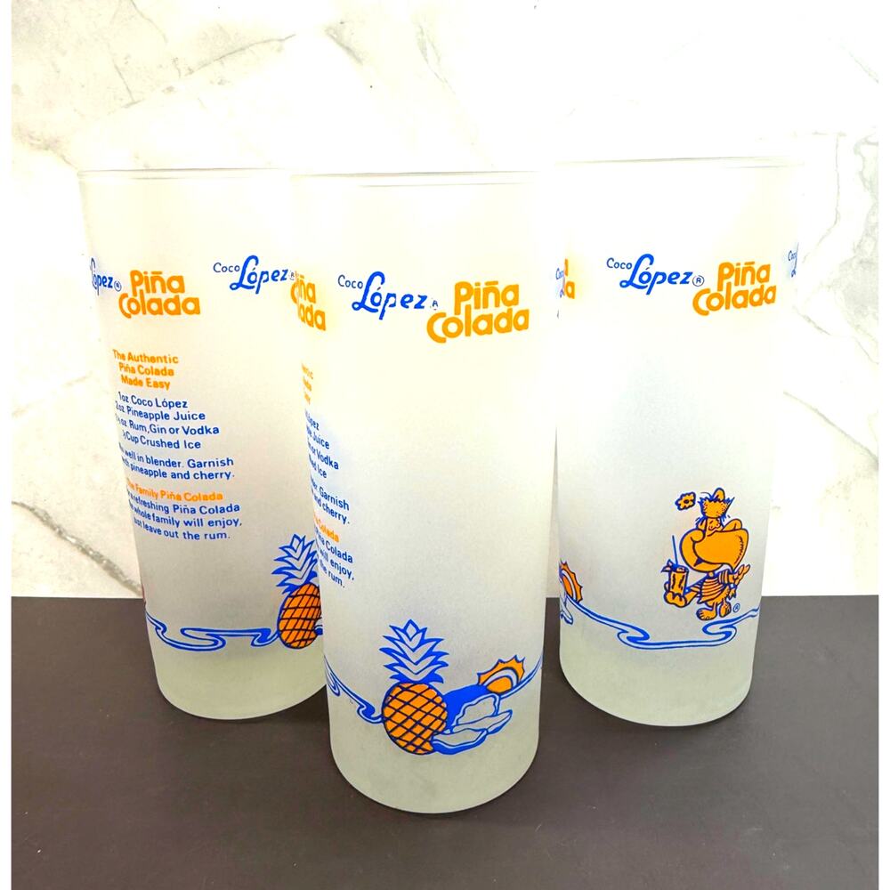Coco Lopez Pina Colada Frosted Cocktail Glass Set of 3 Highball Collins-Style